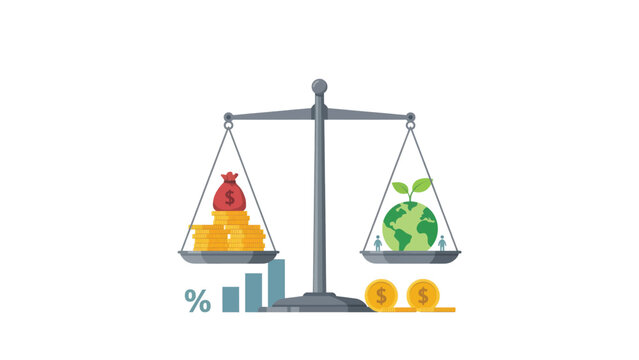 Scales balancing money and nature vector illustration showing financial growth versus environmental sustainability concept for modern business corporate design projects