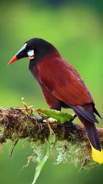 Chestnut-headed oropendola bird perched on a mossy branch in forest