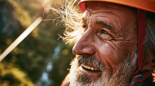 Profile portrait of a smiling senior man wearing a safety helmet during a nature adventure. Concept of active aging, courage and overcoming