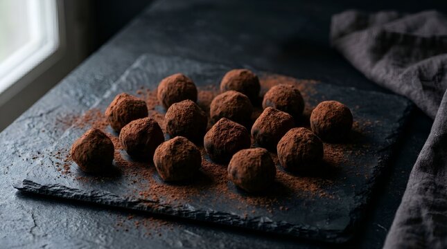 Chocolate truffles dusted with cocoa powder on a slate surface