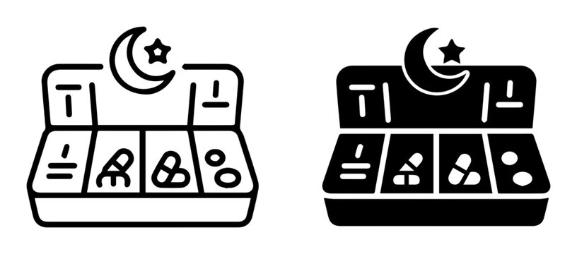 2 Ramadan Kareem silhouette icons, mosque, crescent moon, star, prayer beads, solid black style, religion