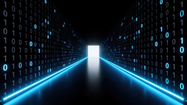 Digital binary code corridor leading to light