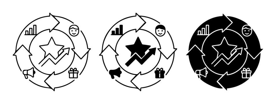 3 Business cycle silhouette icons, solid black style, finance set, management