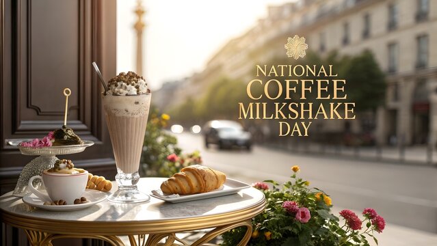 Elegant coffee milkshake and fresh croissant on a marble table at a parisian cafe terrace celebrating national coffee milkshake day with city street views