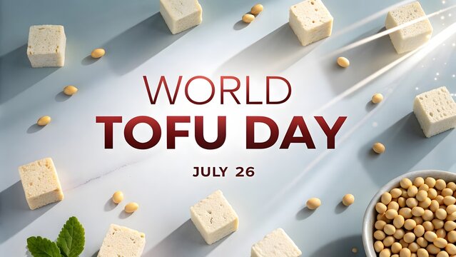 World tofu day celebration background with fresh soybeans and cubed tofu pieces arranged on a clean minimalist light surface with elegant sunlight rays