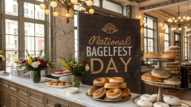 Elegant bakery counter display featuring fresh assorted bagels and national bagelfest day signage in a luxury european style cafe setting for promotion