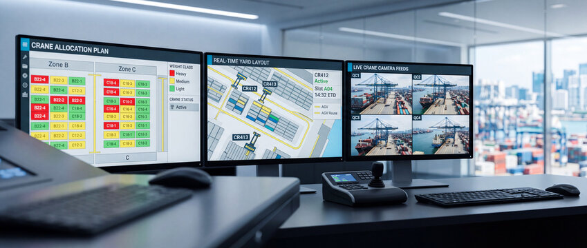 Port operations control room with multiple monitors showing crane allocation, real-time yard layout and camera feeds