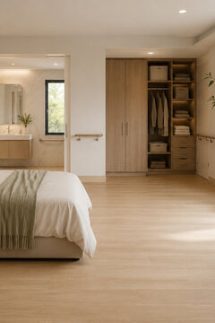 Accessible Master Bedroom Wide Clear Floor Space Grab Bar Ensuite Wood Wardrobe Plants Neutral