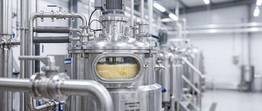 Industrial stainless steel bioreactor tank in fermentation facility with monitoring window and piping