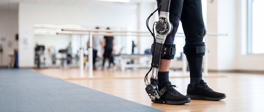 Patient walking with robotic leg exoskeleton in rehabilitation clinic during physical therapy session