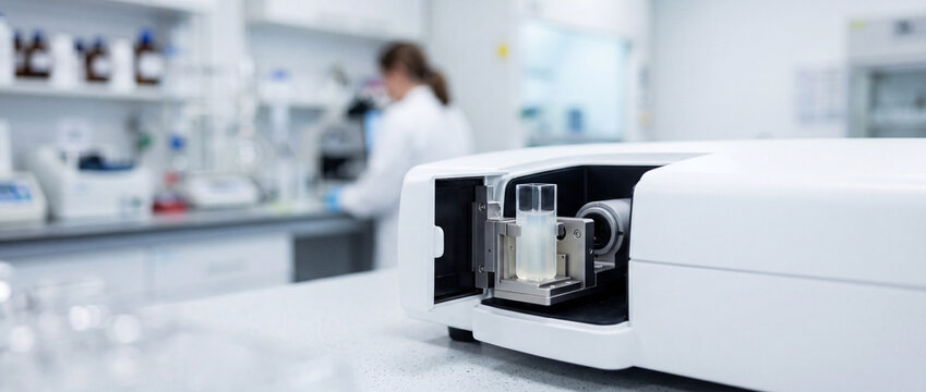 Modern spectrometer with a cuvette holding a liquid sample on the stage, positioned on a benchtop in a bright clinical laboratory while a scientist works in the  background.