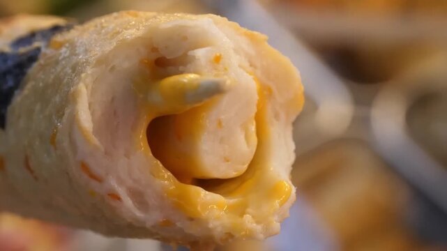 A mouth-watering close-up of a traditional Korean fried fish cake bar (Eomuk-bar) or Hotbar. The footage highlights the golden-brown texture of the fried fish paste and reveals a center of melted, goo