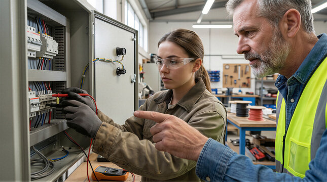 Master electrician instructing a young female apprentice on electrical panel diagnostics in a vocational training workshop.