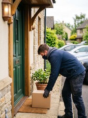 Fototapeta premium Delivery man wearing a face mask and gloves, leaving a package at the doorstep of a brick house. The man is bent over, placing a brown cardboard box on a doormat. He is wearing a blue jacket.