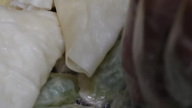Close-up shot of hot and fresh Korean vegetable or pork dumplings (mandu) boiling and steaming in a pot, capturing authentic Asian street food cooking.