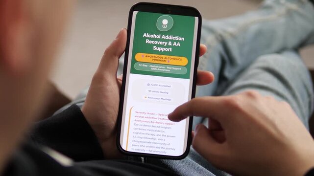 Person uses a specialized app to start their journey to sobriety. Close-up of scrolling through addiction treatment options and tapping the Begin Alcohol Recovery button. Ideal for healthcare tech