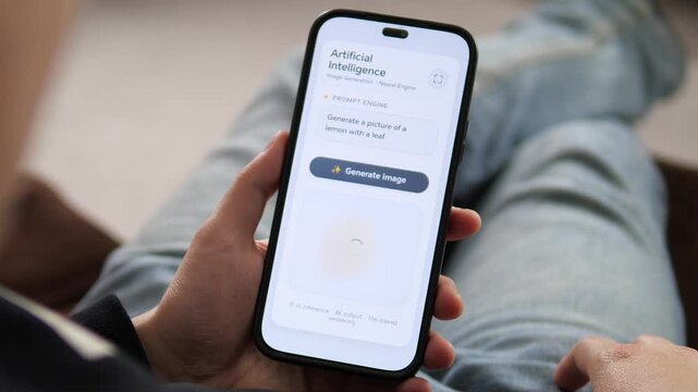 Mobile AI app generating images from text prompts. User creates lemon visuals via neural networks. High-quality UI, UX design. Perfect for tech, innovation, and futuristic digital content. High