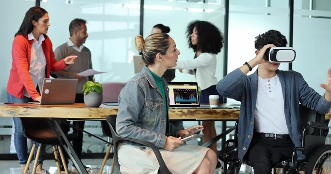 latin young man in wheelchair using virtual reality glasses at office in Mexico Latin America, hispanic coworkers or teamwork in concept of disability and social inclusion using vr technology
