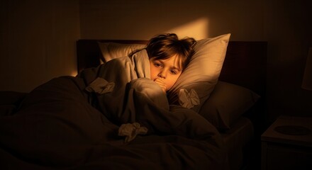Obraz premium Young Child Feeling Unwell Tucked In Bed Under Warm Blanket With Tissues