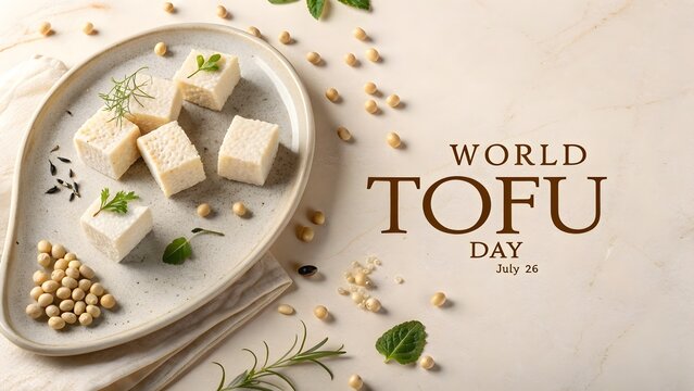 World tofu day celebration poster featuring fresh cubes of soy bean curd served on a ceramic plate with organic ingredients on a neutral beige background