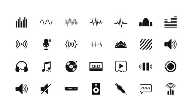 Sound wave icons vector set featuring various audio equipment symbols music symbols and digital signal frequency elements for design projects