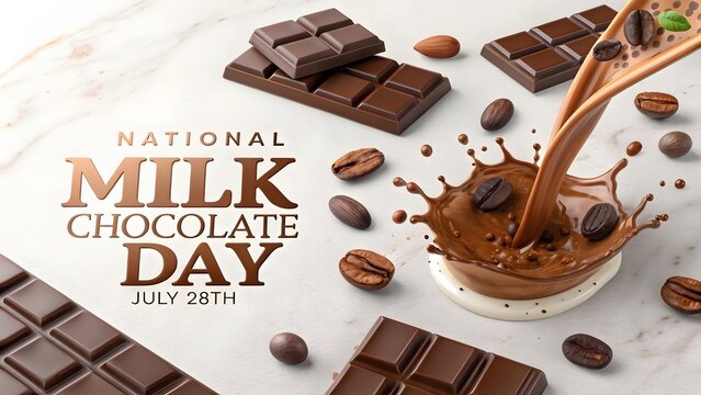 National milk chocolate day celebration poster featuring liquid chocolate splash and gourmet dark chocolate bars with coffee beans on elegant marble background