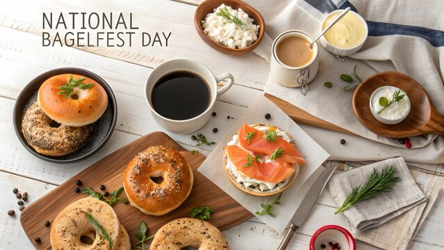 National bagelfest day brunch spread with freshly baked bagels smoked salmon cream cheese and hot coffee on a rustic white wooden table flat lay design
