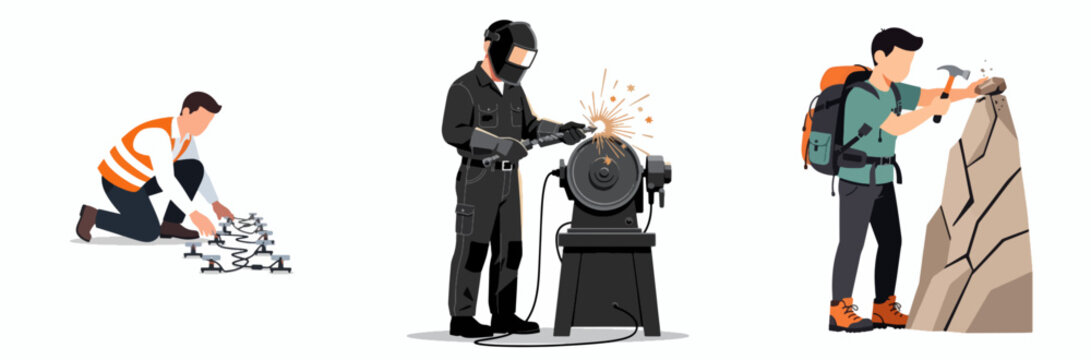 Three professionals working with metal, stone, and tools in industrial setting