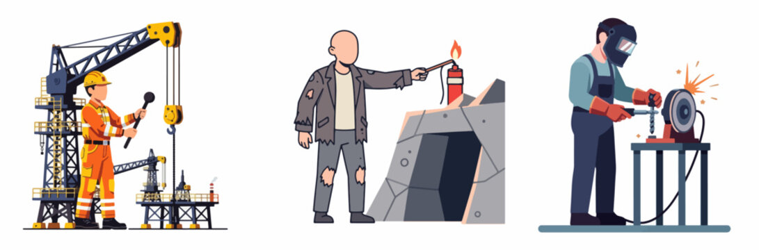 Industrial Workers Handling Heavy Machinery, Explosives, and Welding