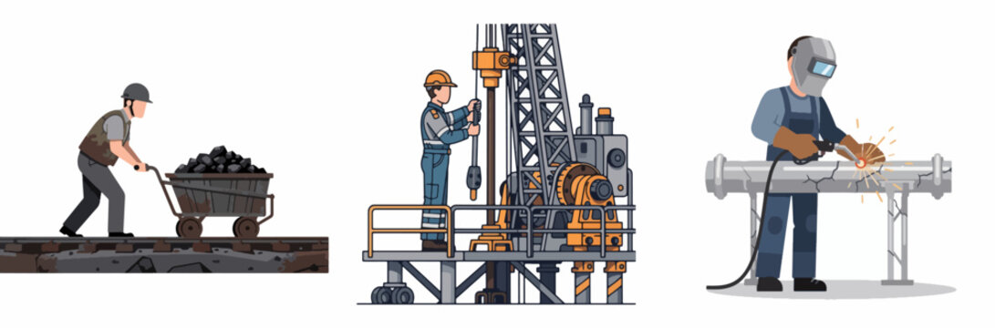 Three industrial workers performing mining and welding tasks