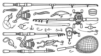 Set of fishing equipment for anglers isolated on background. © Amir