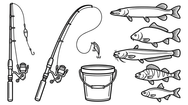 Fishing set with rods reels bucket and various fish types.