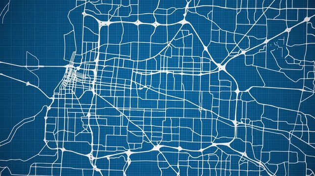 Ink reveal animation of Memphis city, Tennessee (TN), United States of America, grid map. Aerial top view. Blueprint style. White lines with blue background. 4K Seamless loop.