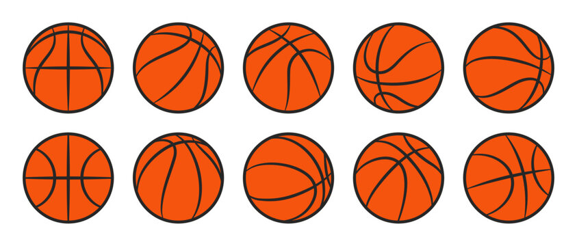 Flat basketball illustration set, Simple sports balls with black outline in multiple angles and views for tournament, fitness, coaching and court design, Vector illustration.
