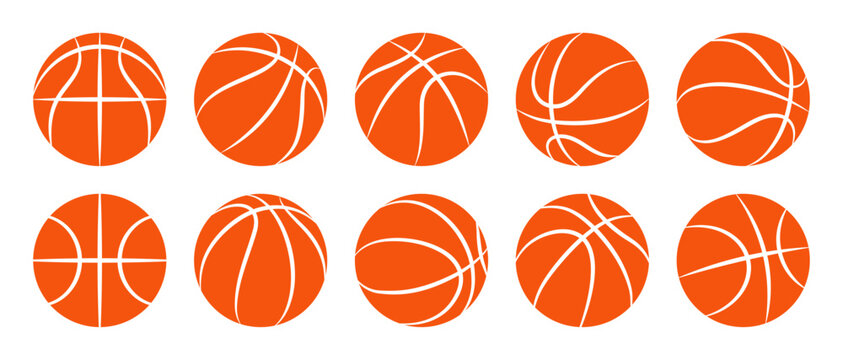 Basketball vector illustration set, Flat orange sports balls in multiple angles and views game, tournament,  competition, fitness design elements.