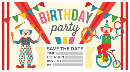Circus theme birthday party invitation template card set. © Amir