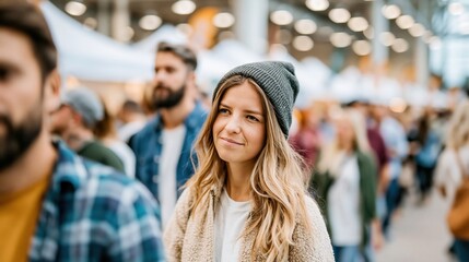 Fototapeta premium A young woman stands thoughtfully in a bustling market, surrounded by crowds, embodying a sense of reflection amidst lively interactions and vibrant colors, showcasing her character.