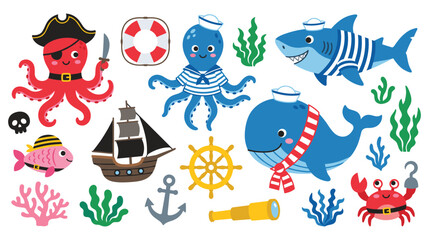Nautical sea life set with pirate octopus and whale. © Amir