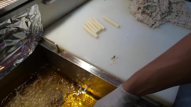 Close-up footage of a skilled street food vendor preparing handmade Korean fish cakes, known as eomuk or odeng. The video shows the process of shaping fresh fish paste on a cutting board before deep-f