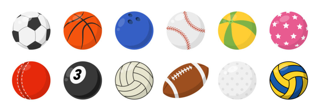 Sports balls illustration set, Soccer, basketball, cricket, baseball, volleyball, rugby, golf, bowling, billiard, beach ball and American football for game design vector collection.