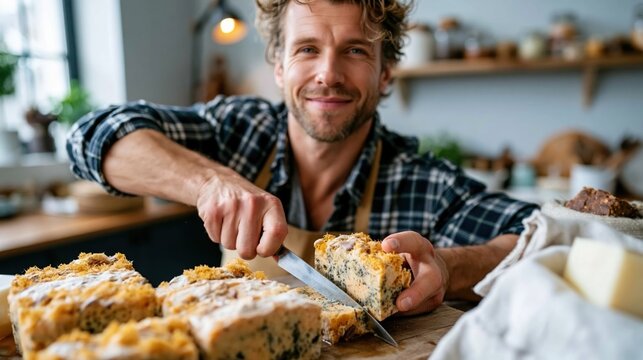 A cheerful baker presents a freshly cut homemade cake with pride, showcasing delicious texture and flavors in a bright, inviting kitchen filled with warmth and creativity.
