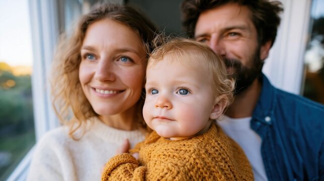A joyful family stands together looking out a window, with a smiling mother holding their baby, radiating warmth, love, and happiness in their home setting.