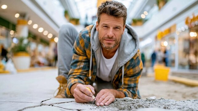 In this detailed image, a focused man is working on the floor of a shopping mall, emphasizing dedication and craftsmanship amidst a lively shopping environment.