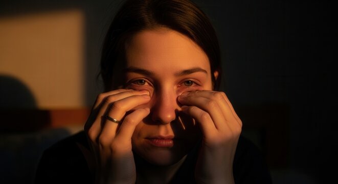 Young Woman Rubbing Tired Eyes With Golden Hour Light Shining On Her Face