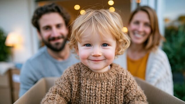 A cheerful child sits in a cardboard box, flashing a bright smile while being supported by two adults in the background, capturing a moment of pure joy and family love.