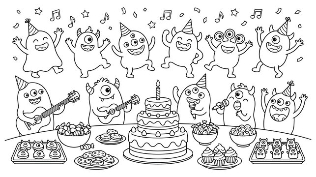 Cute cartoon monsters party at birthday cake coloring.