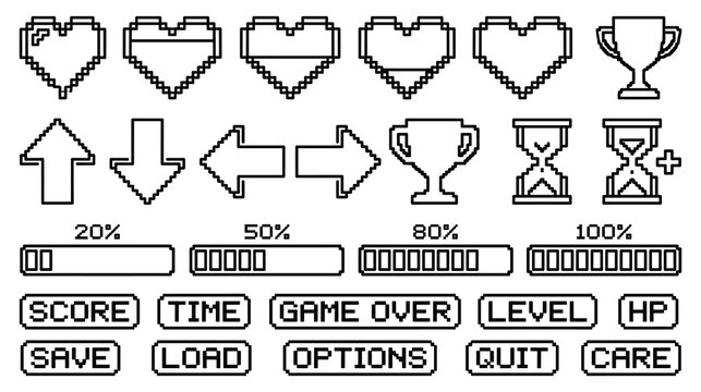 Pixel art game interface elements for user interface set.