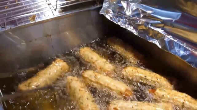 A close-up footage of several Korean fish cakes, also known as Eomuk or Hot Bar, sizzling and bubbling as they deep-fry in a large vat of hot cooking oil. This traditional Korean snack is made from se