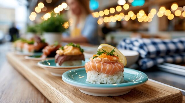 A beautifully arranged sushi platter showcases a variety of colorful sushi pieces, enticing viewers with the culinary artistry and flavors of Japanese cuisine in a modern dining setting.