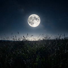 Fototapeta premium Full moon rising over a serene rural landscape at night.